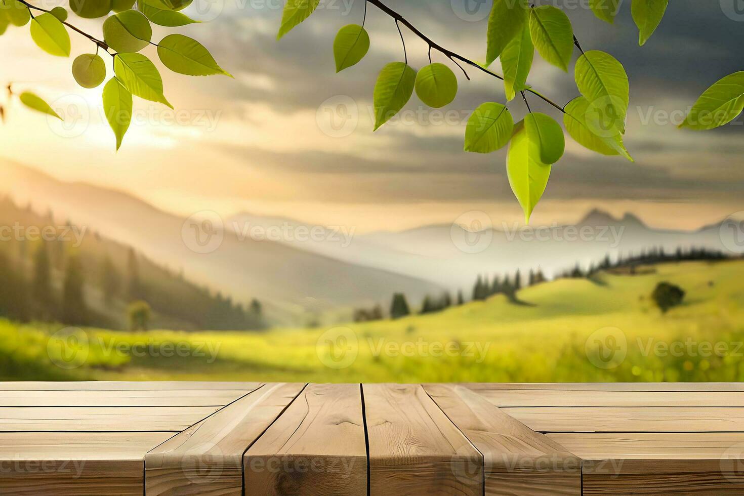 un vuoto rustico legna tavolo nel il mezzo di un' natura sfondo foto