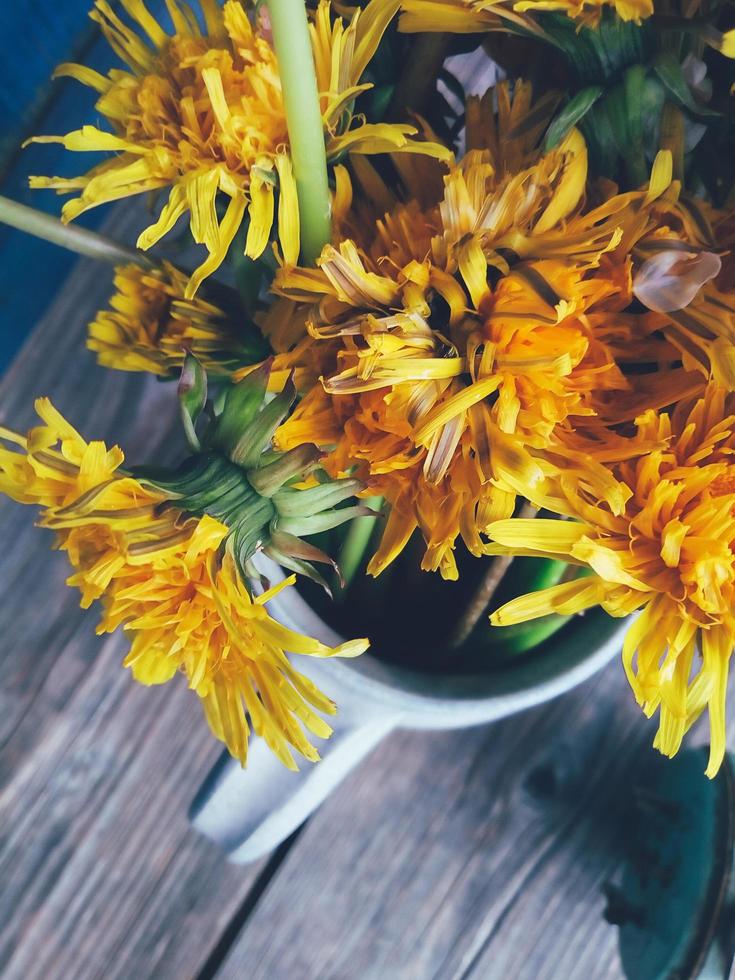 fiori di tarassaco giallo in brocca di argilla, teste grandi e fresche, su fondo di legno. vista dall'alto immagine ravvicinata. colori vividi. stile di vita di campagna, vacanza, concetto di vacanza foto