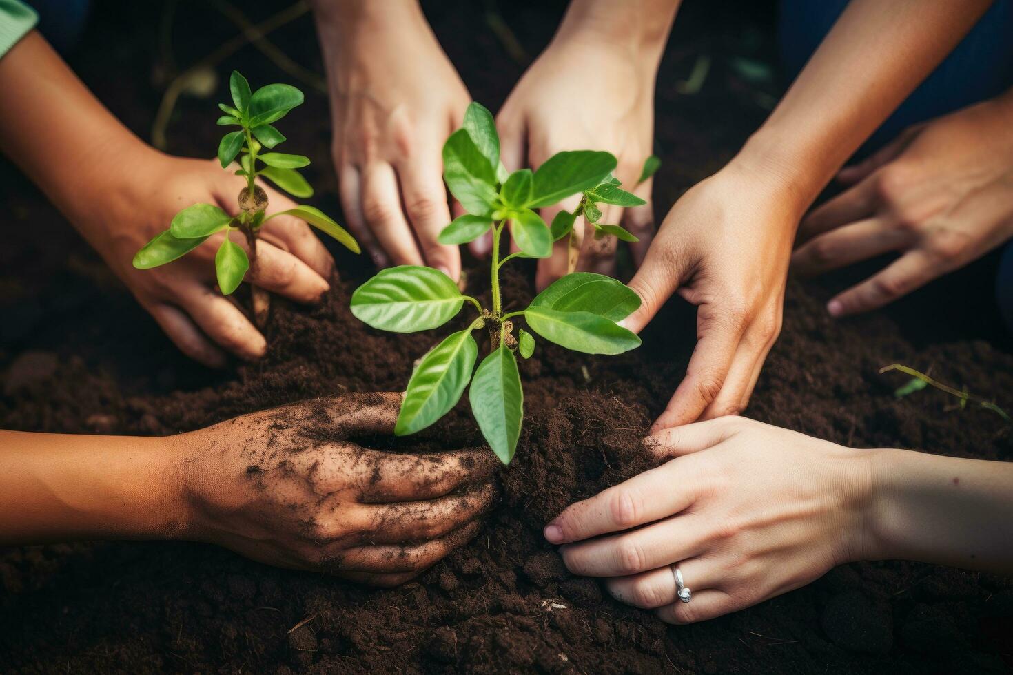 umano mani Tenere verde pianta nel suolo. Salva mondo e ambiente concetto, gruppo di persone piantare piantine nel il terra, avvicinamento, ai generato foto