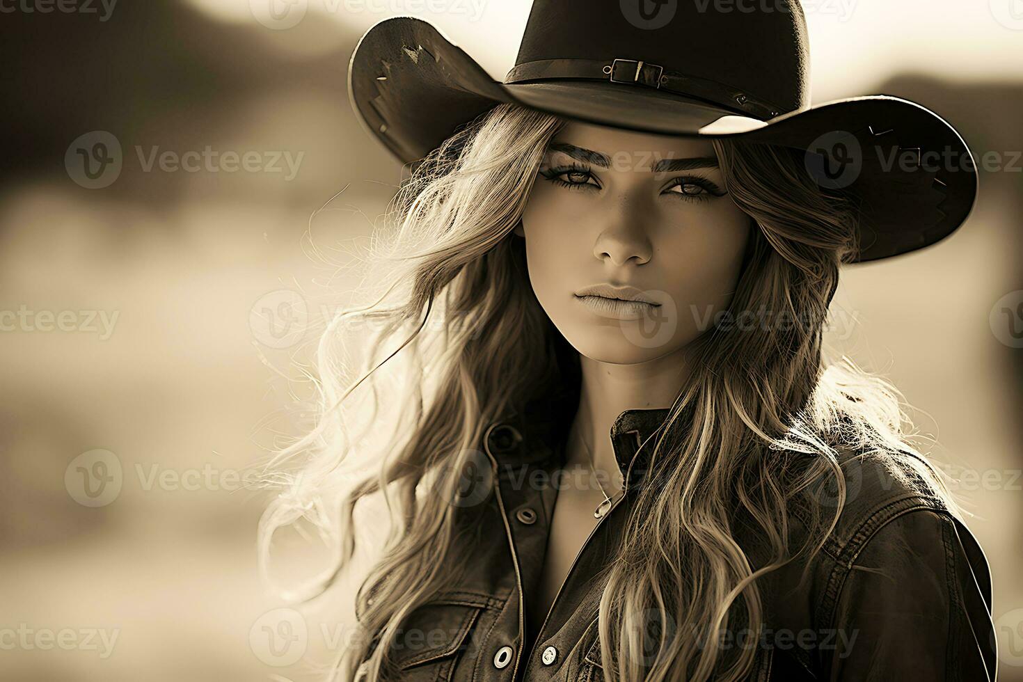 ai generativo. giovane cowgirl donna nel cowboy cappello guardare con fiducia a telecamera. orizzontale foto