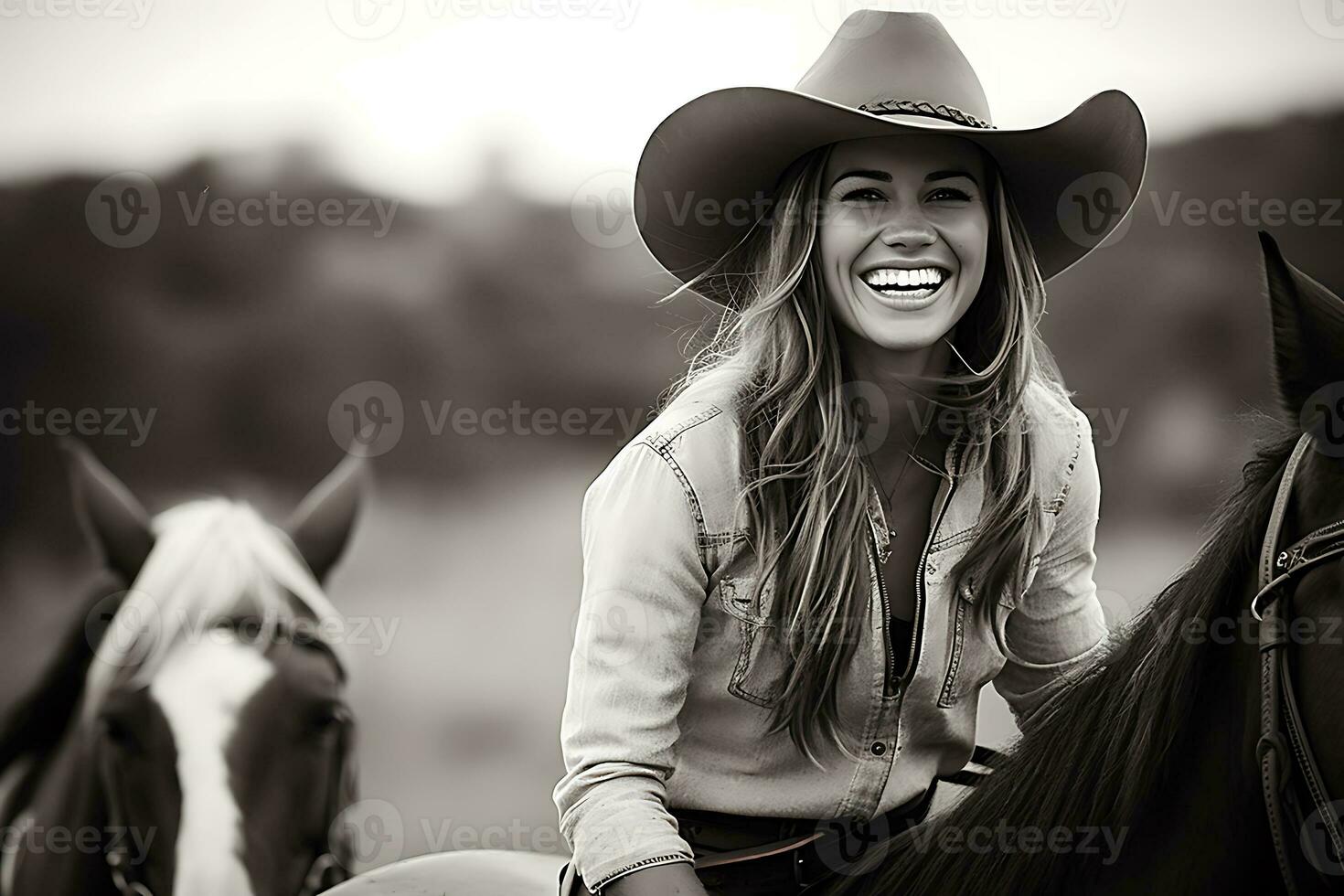 ai generativo. un' giovane cowgirl donna nel un' cowboy cappello ride. fotografia nel nero e bianca. orizzontale foto