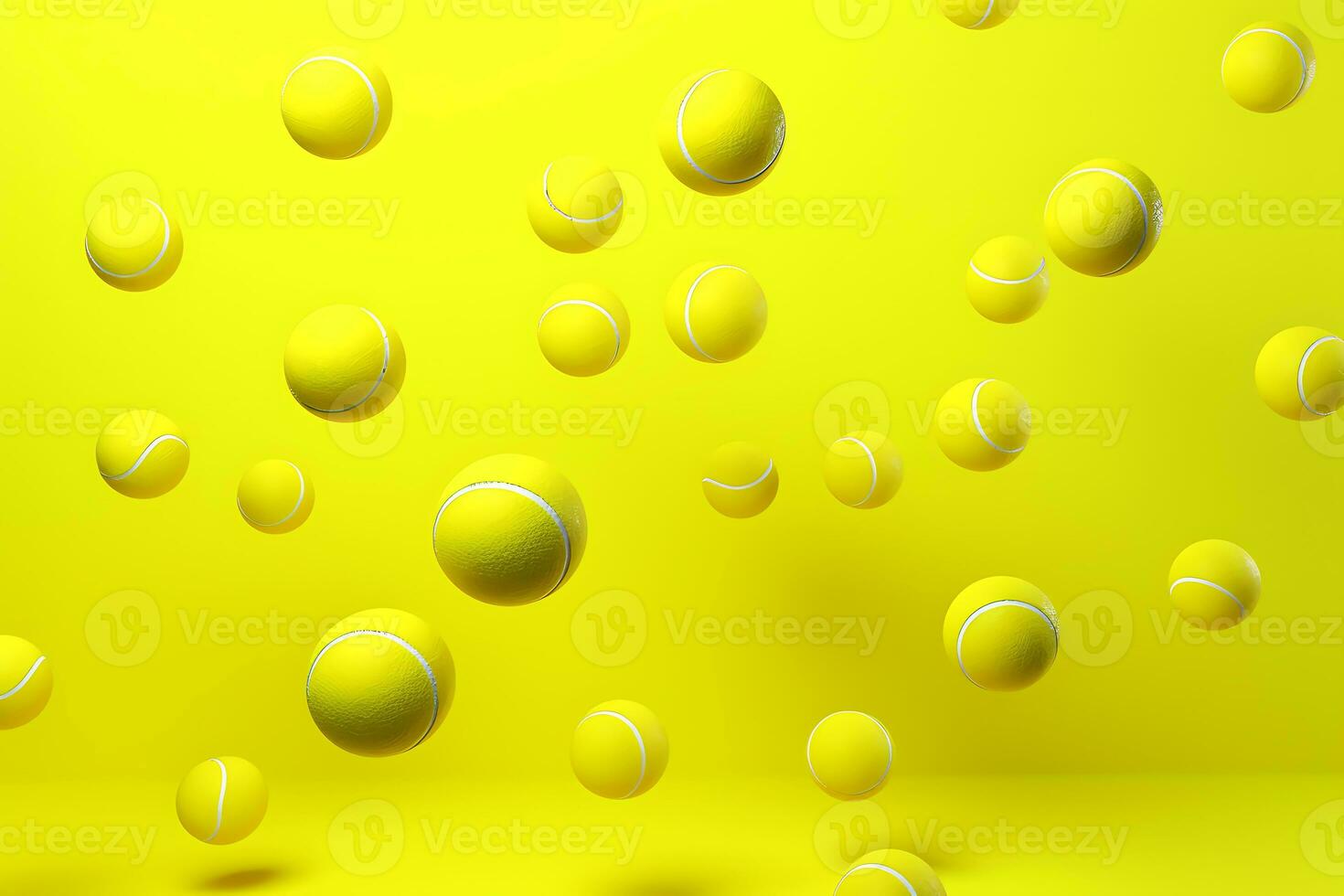 molti tennis palle volare e saltare su un' giallo sfondo, 3d. ai generativo foto