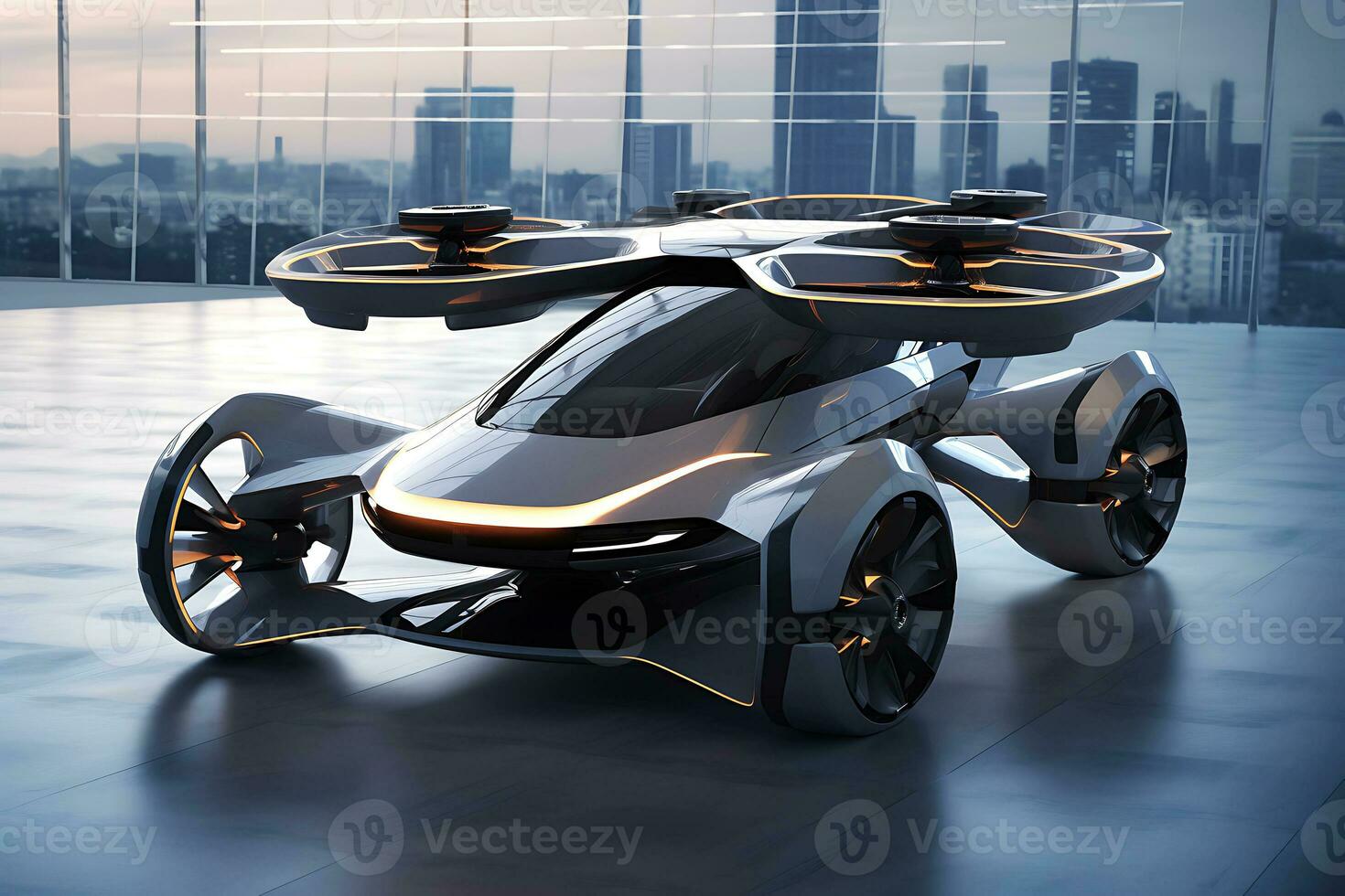 volante macchina, auto e drone. il concetto di trasporto di il futuro. foto