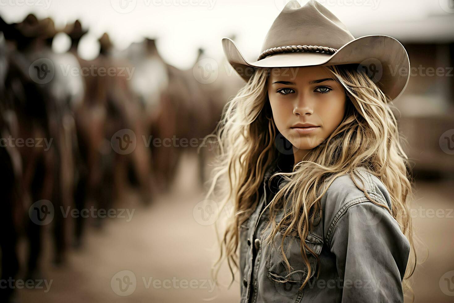 ai generativo. giovane cowgirl donna nel cowboy cappello guardare con fiducia a telecamera. orizzontale foto