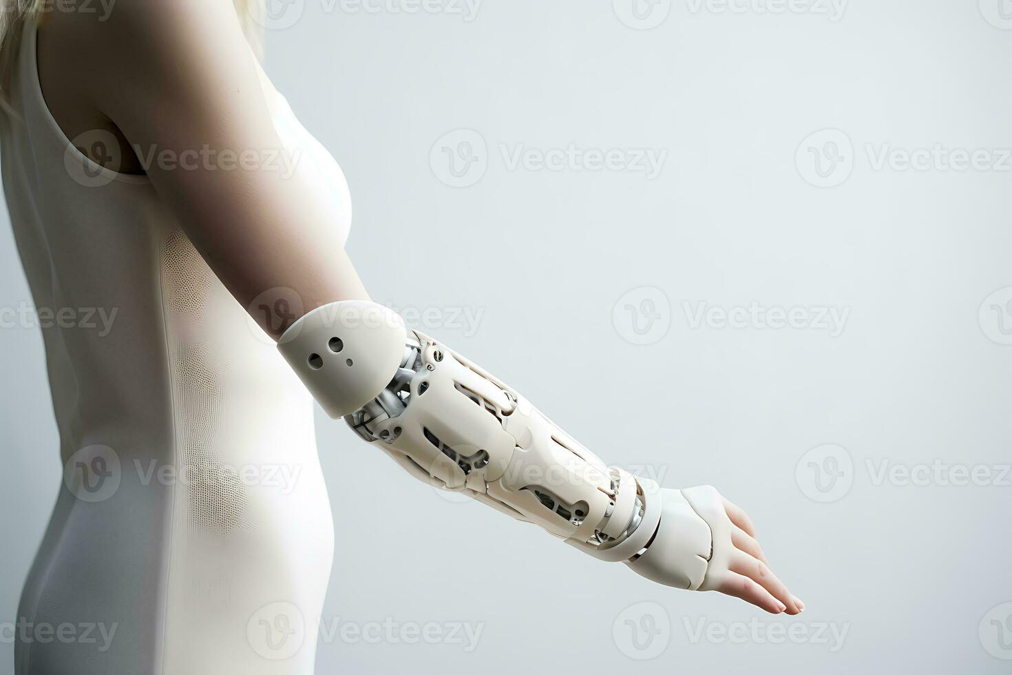 un' Disabilitato donna nel un' bianca vestito con un' protesi anziché di un' mano pose su un' bianca sfondo. ai generativo foto