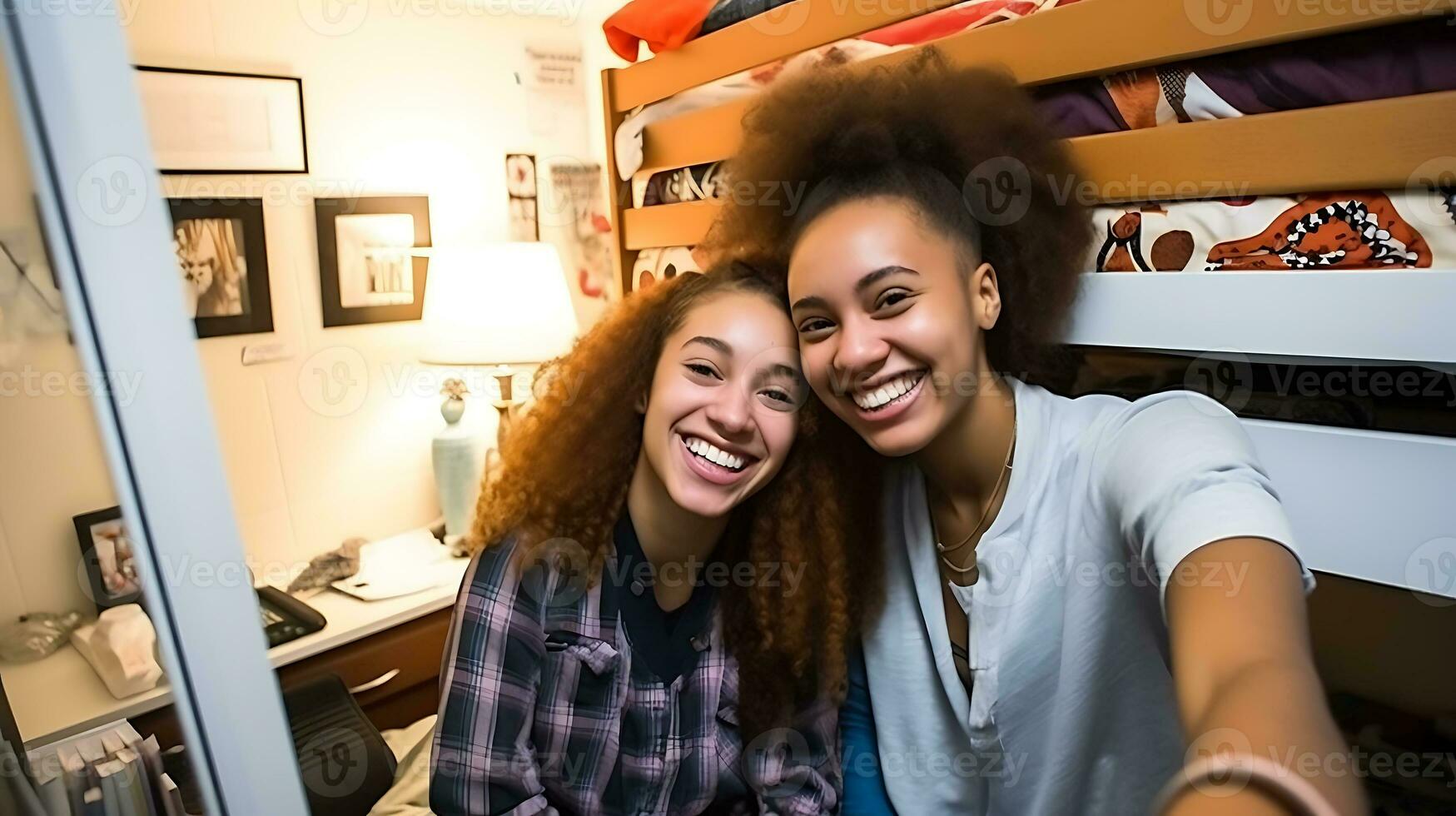 Due alunno ragazze prendere un' autoscatto nel un' alunno dormitorio camera. ragazze sorridente e guardare a il telecamera. ai generativo foto