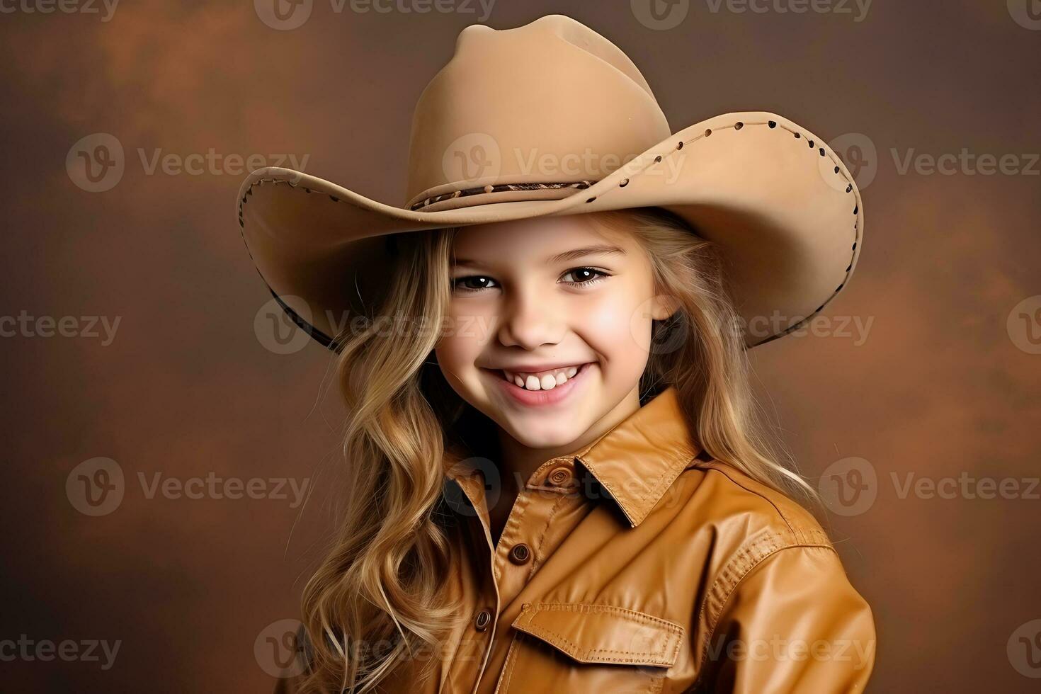 ai generativo. cowgirl bambino nel leggero Marrone cowboy cappello in posa su Marrone sfondo, sorridente e guardare a telecamera. orizzontale foto
