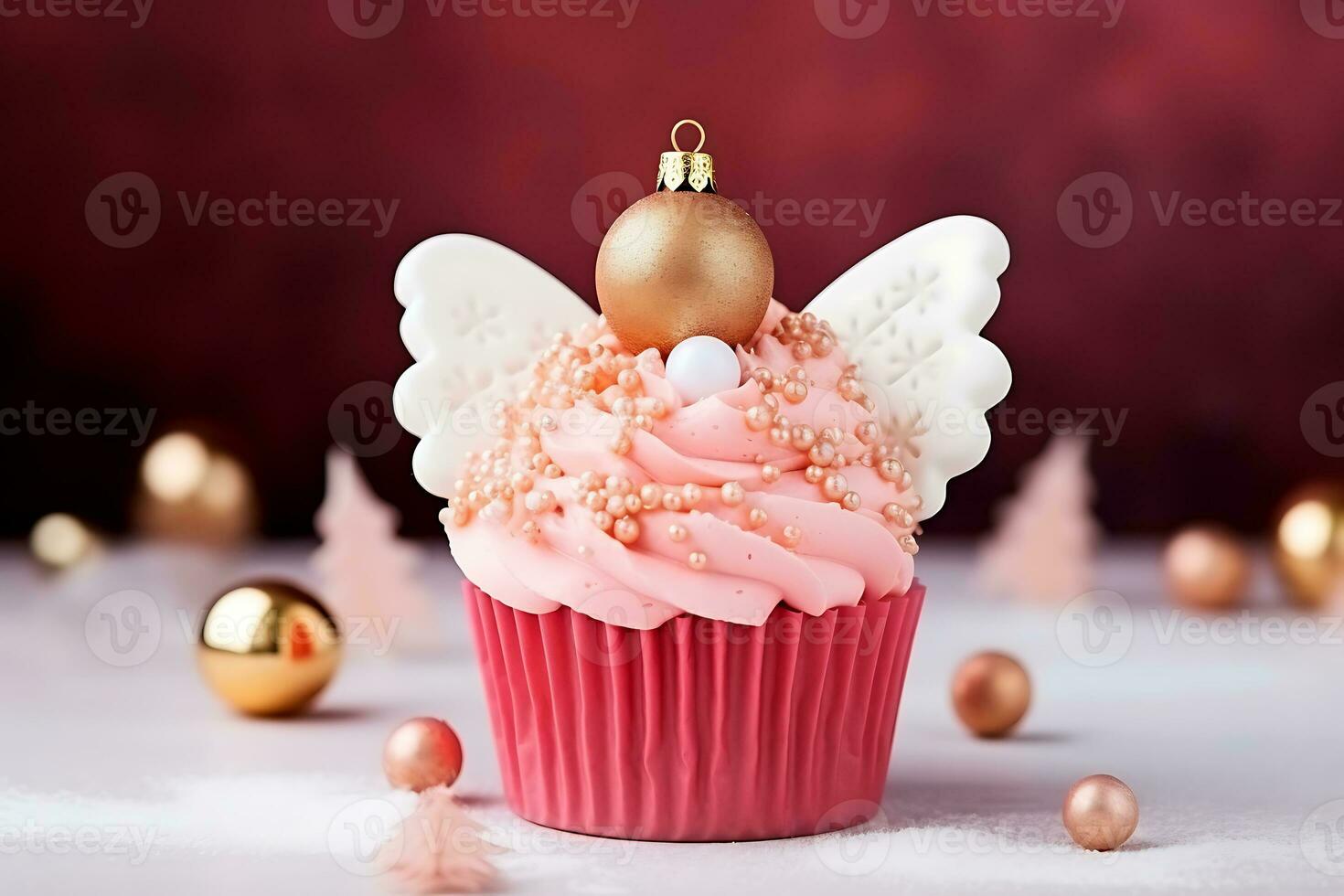 ai generativo. rosa Natale Cupcake con angelo Ali e un' nuovo anni palla su superiore foto