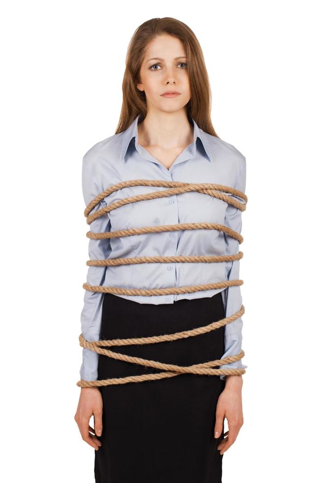 donna triste ha legato una corda forte foto