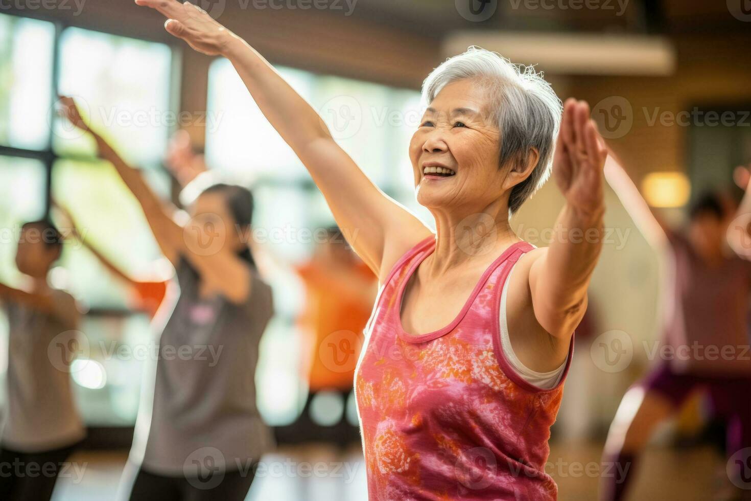 gli anziani trasudante vitalità nel un' contemporaneo danza e fitness laboratorio foto