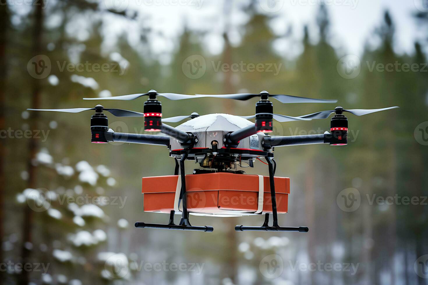 ai generativo. un' fuco consegna un ordine o medicina volante attraverso un' nevoso foresta foto