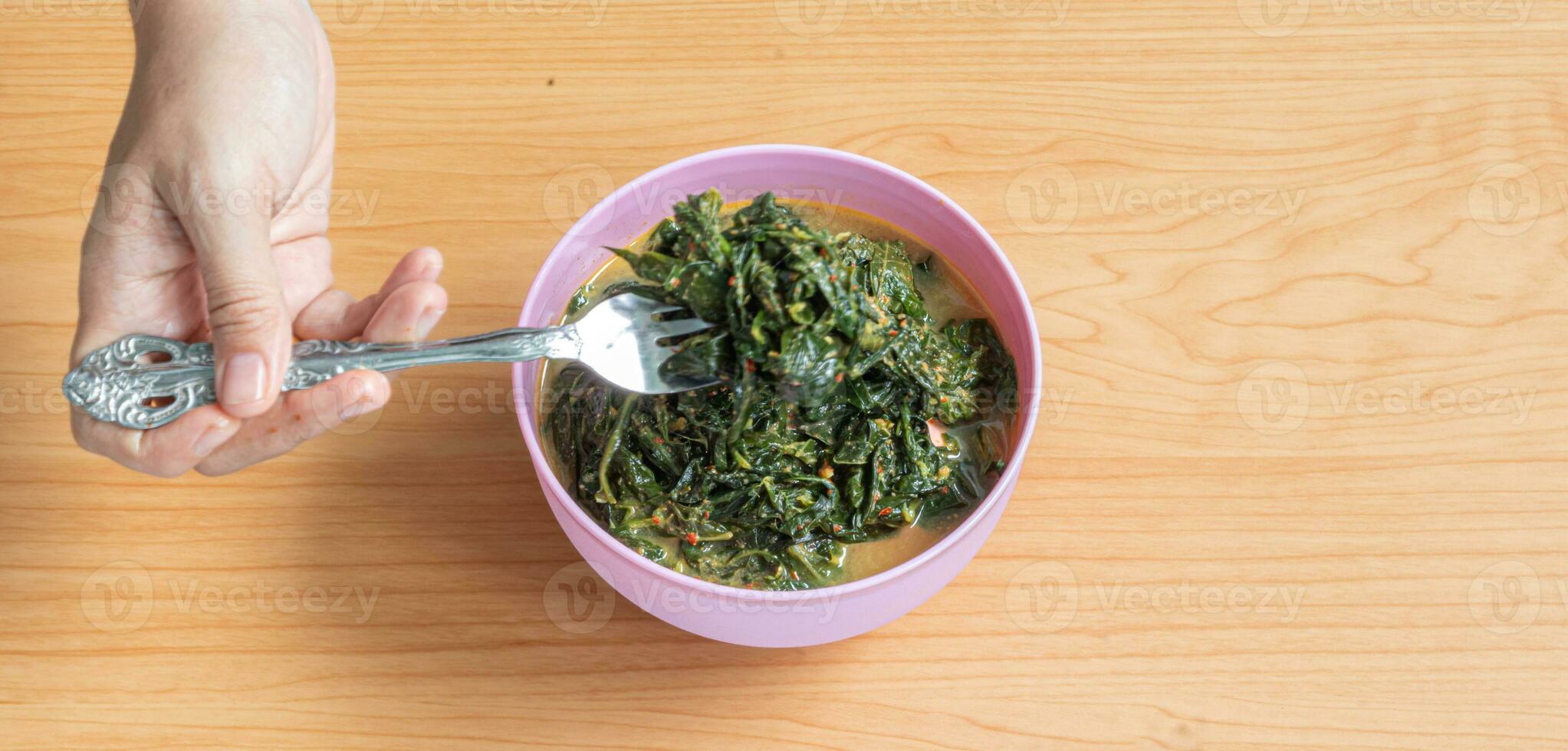 gulai daun cantare nel Minang è indonesiano tradizionale cucina fatto a partire dal manioca le foglie cucinato con Noce di cocco latte, spezie e fritte acciuga. selettivo messa a fuoco e sfocato selezione. foto