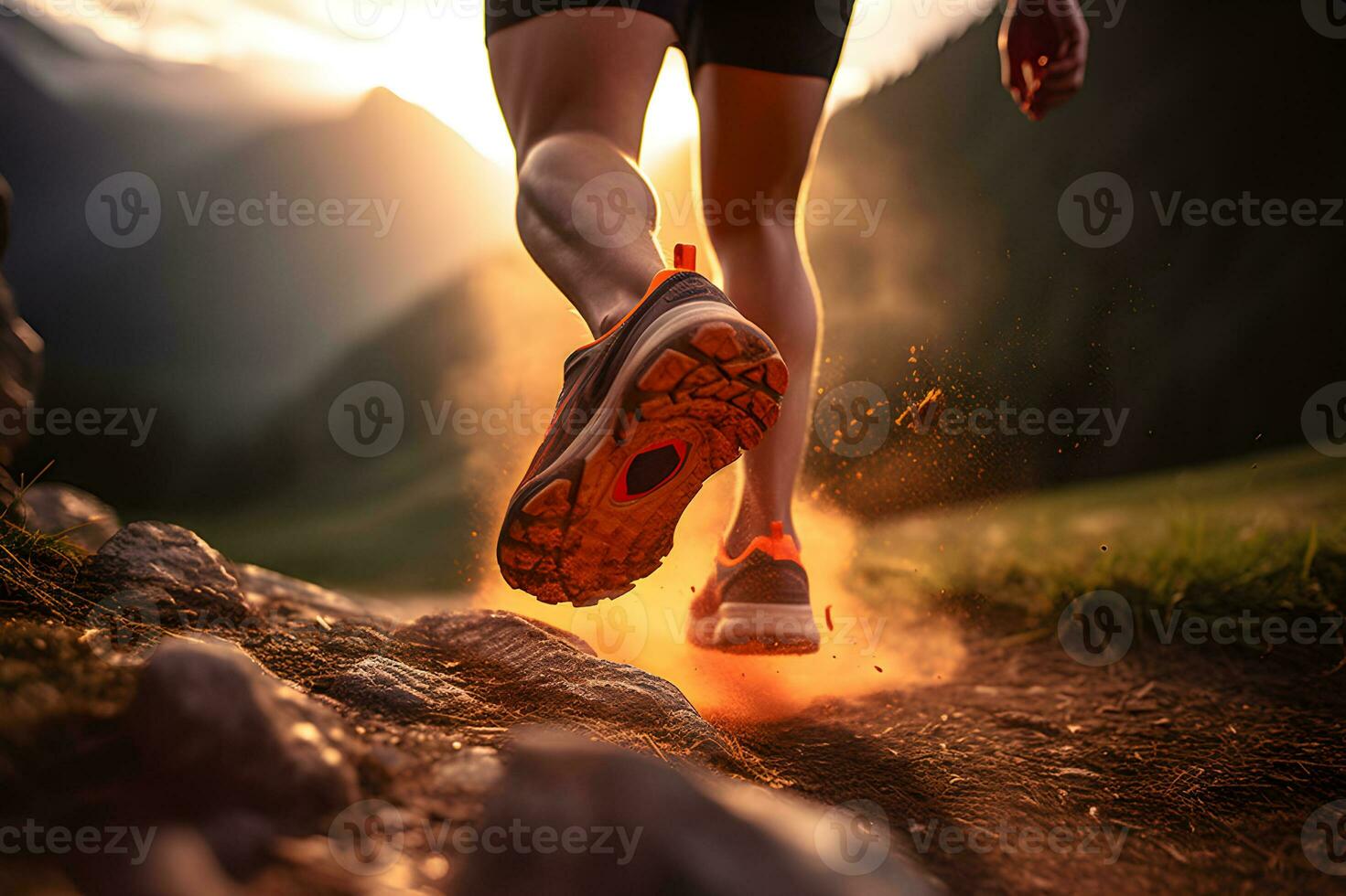 mattina pista correre avvicinamento di maschio del corridore gambe e scarpe con astratto bokeh lightcreated. generativo ai foto