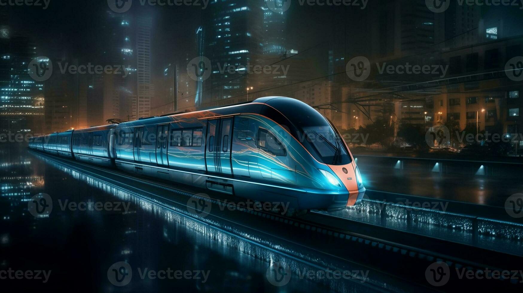 alta velocità treno da corsa attraverso un' bellissimo città a notte, sfocato paesaggio urbano nel il sfondo. creato con generativo ai foto