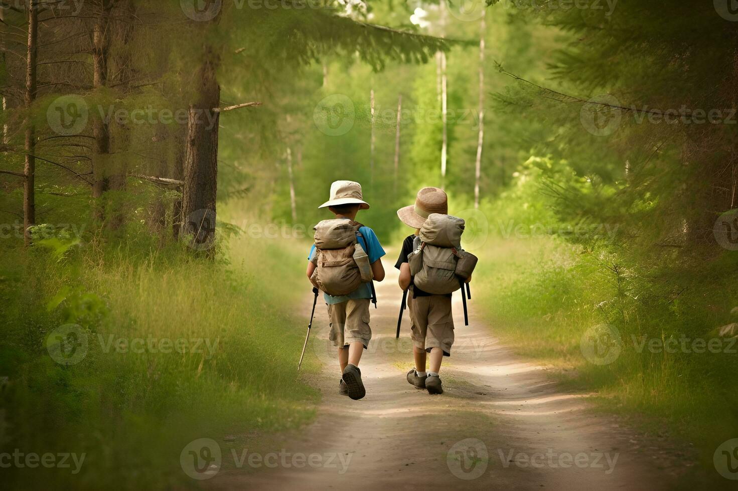 avventuroso ragazzi escursioni a piedi nel il foresta con zaini. generativo ai foto