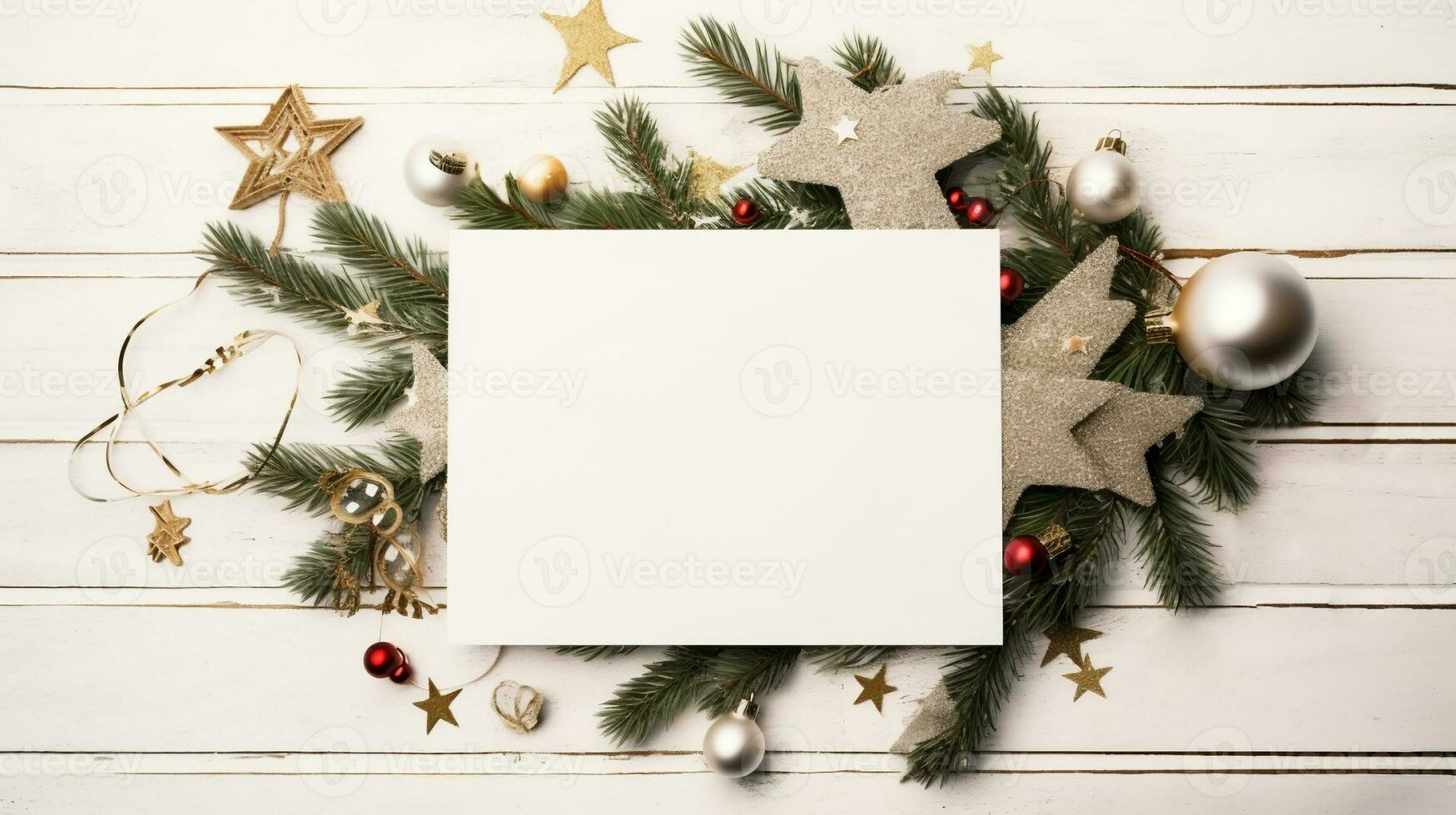 Natale arredamento e vuoto carta su bianca di legno tavolo - spazio per testo. creato con generativo ai foto