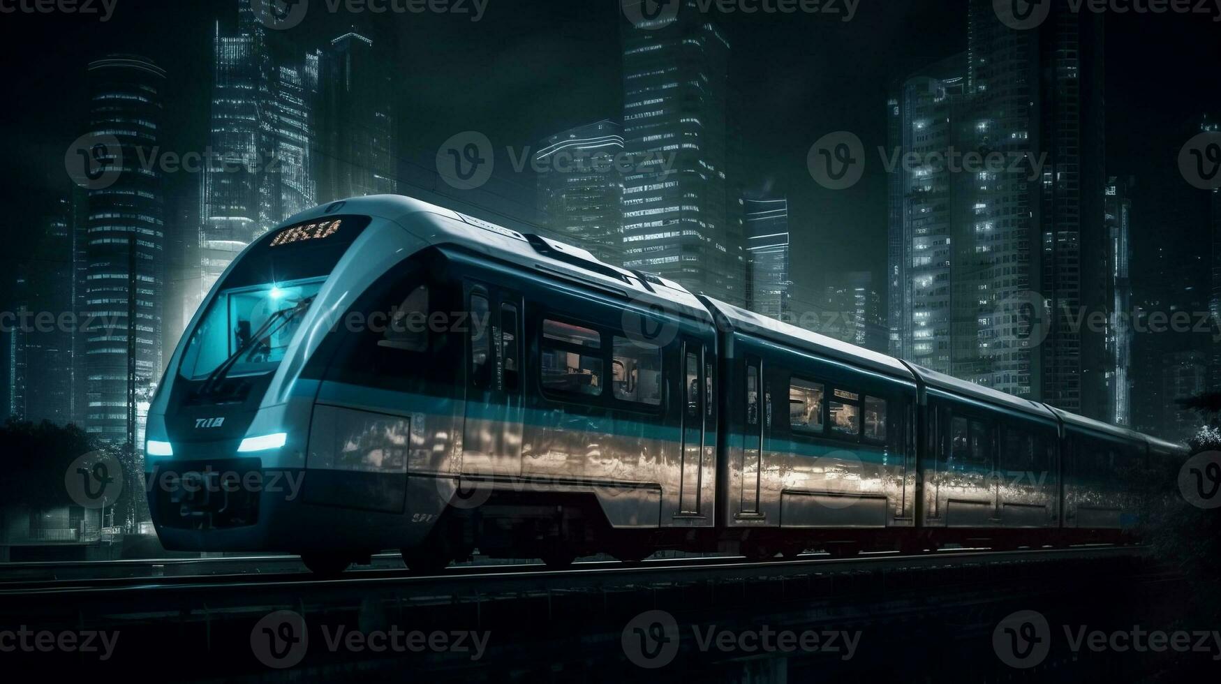 alta velocità treno da corsa attraverso un' bellissimo città a notte, sfocato paesaggio urbano nel il sfondo. creato con generativo ai foto