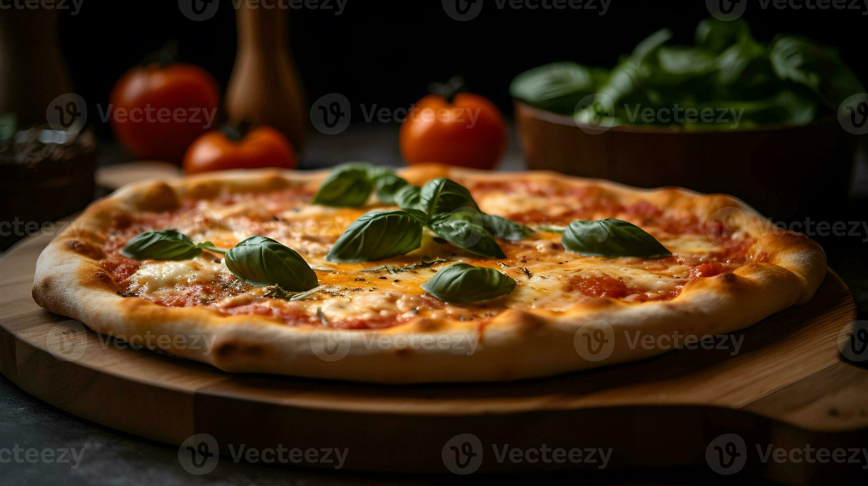 autentico margherita Pizza con fresco Mozzarella e basilico su di legno tavola. generativo ai foto