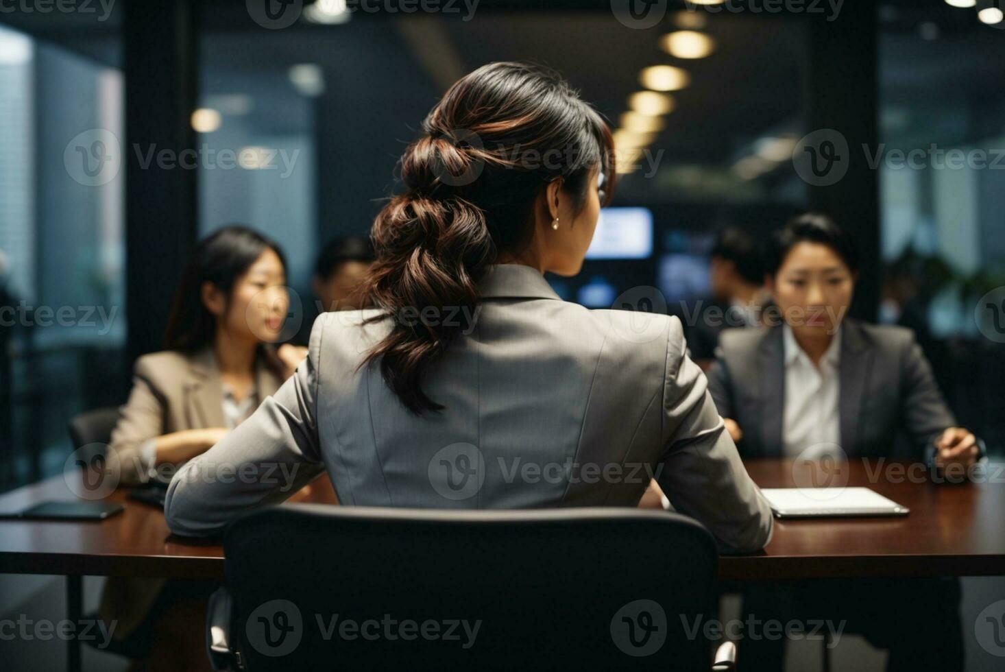 donna d'affari nel davanti di un' gruppo di persone nel il conferenza camera, ai generativo foto