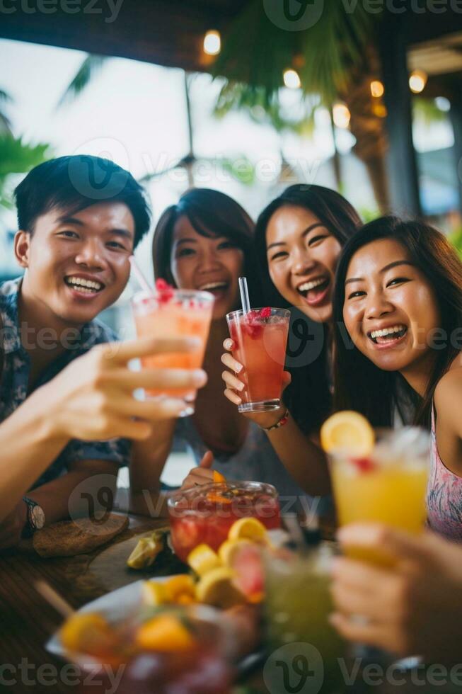 gruppo di contento amici godendo cocktail a spiaggia festa viaggio e estate vacanza concetto, ai generativo foto