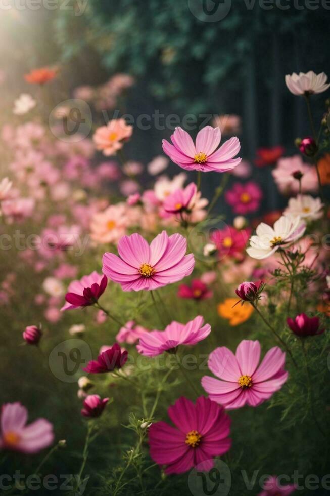 cosmo fiore fioritura nel il giardino. naturale floreale sfondo. ai generativo foto