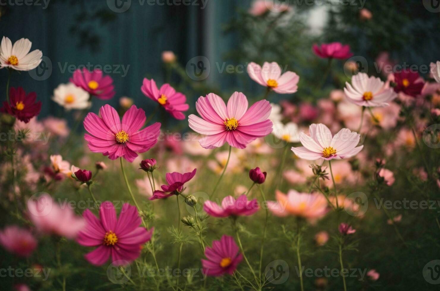 cosmo fiore fioritura nel il giardino. naturale floreale sfondo. ai generativo foto