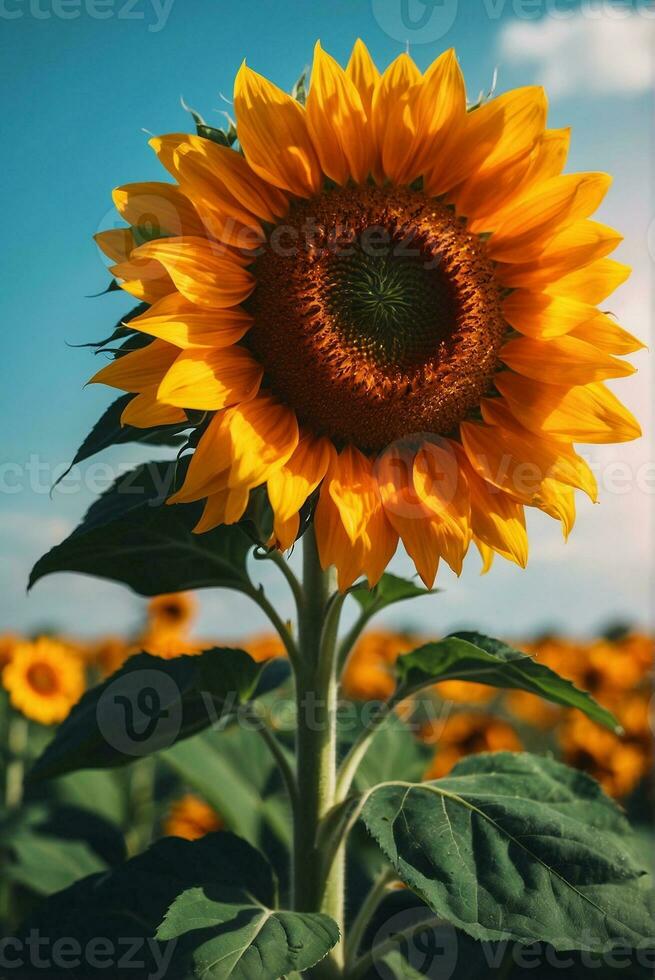 girasole campo con blu cielo sfondo. girasole fioritura nel estate. ai generativo foto