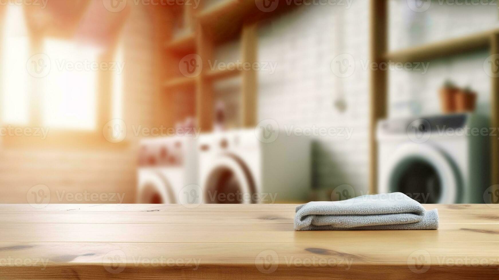 Prodotto Schermo su vuoto legna tavolo con lavanderia camera sfondo. creato con generativo ai foto