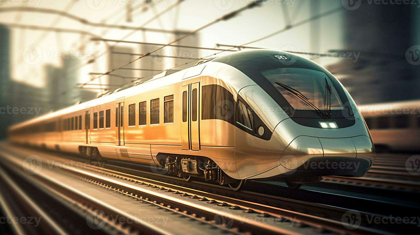 alta velocità treno cavalcata con sfocato paesaggio urbano nel il sfondo. creato con generativo ai foto