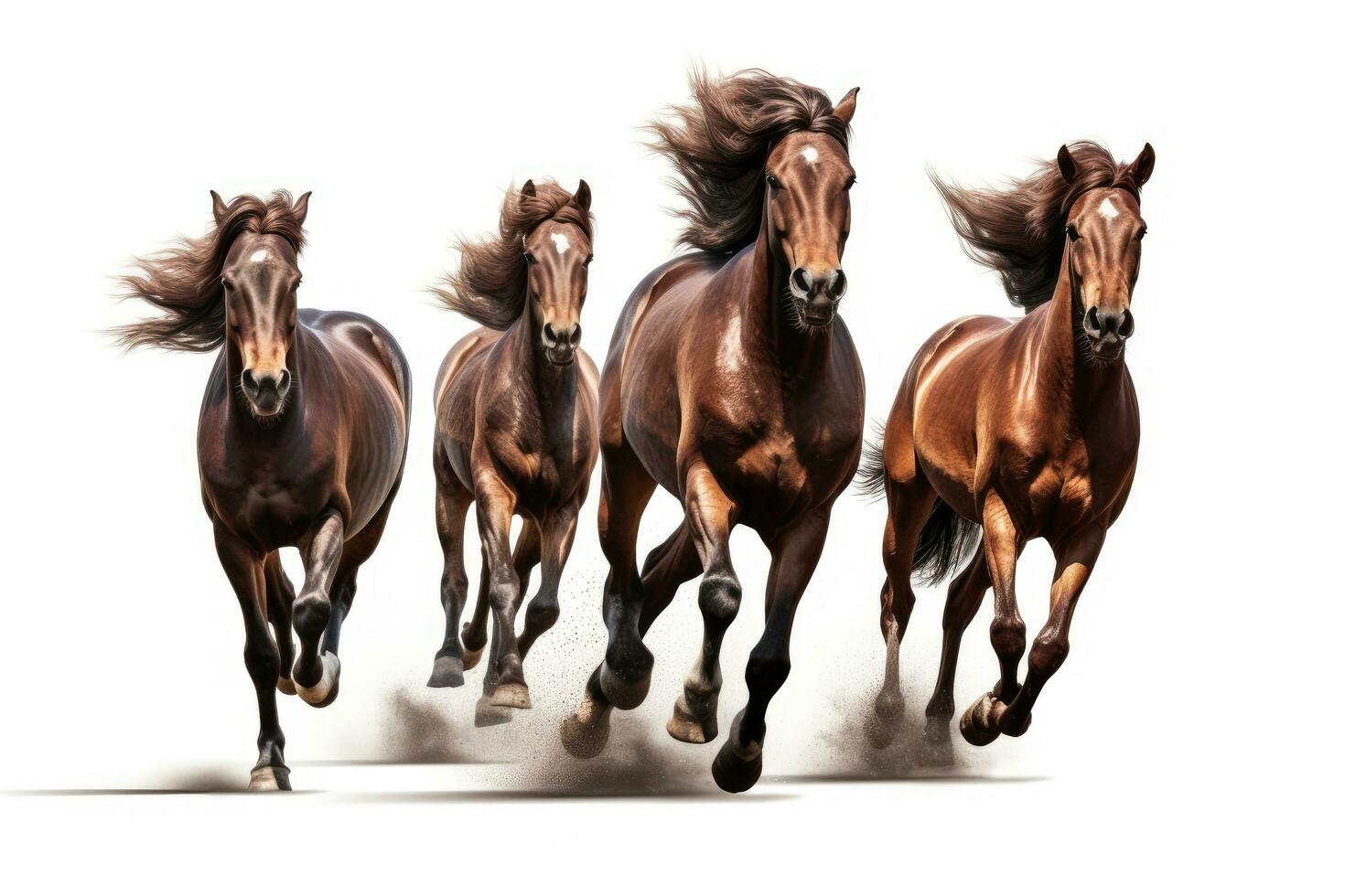 gruppo di baia cavalli in esecuzione nel movimento isolato su bianca sfondo con ombra, cavalli in esecuzione nel diverso posizioni su un' bianca sfondo, lato Visualizza, ai generato foto