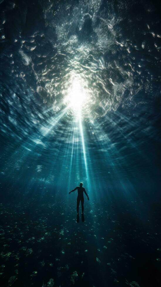 sbalorditivo foto di un' nuotatore immersione in un' scintillante blu oceano