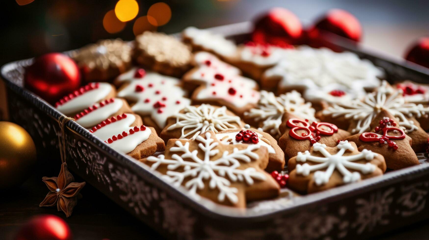 avvicinamento di un' vassoio di meravigliosamente decorato Natale biscotti foto