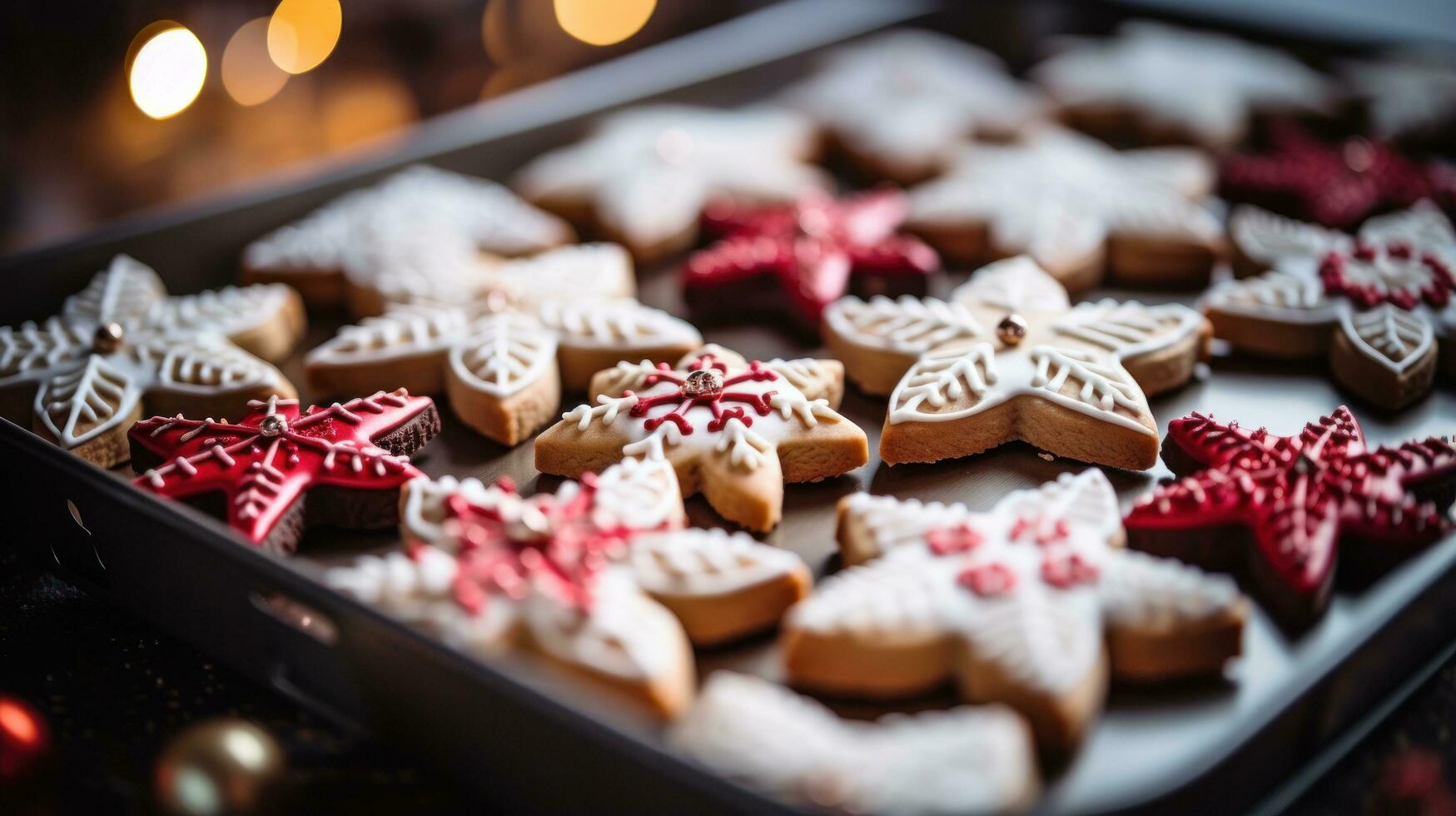 avvicinamento di un' vassoio di meravigliosamente decorato Natale biscotti foto