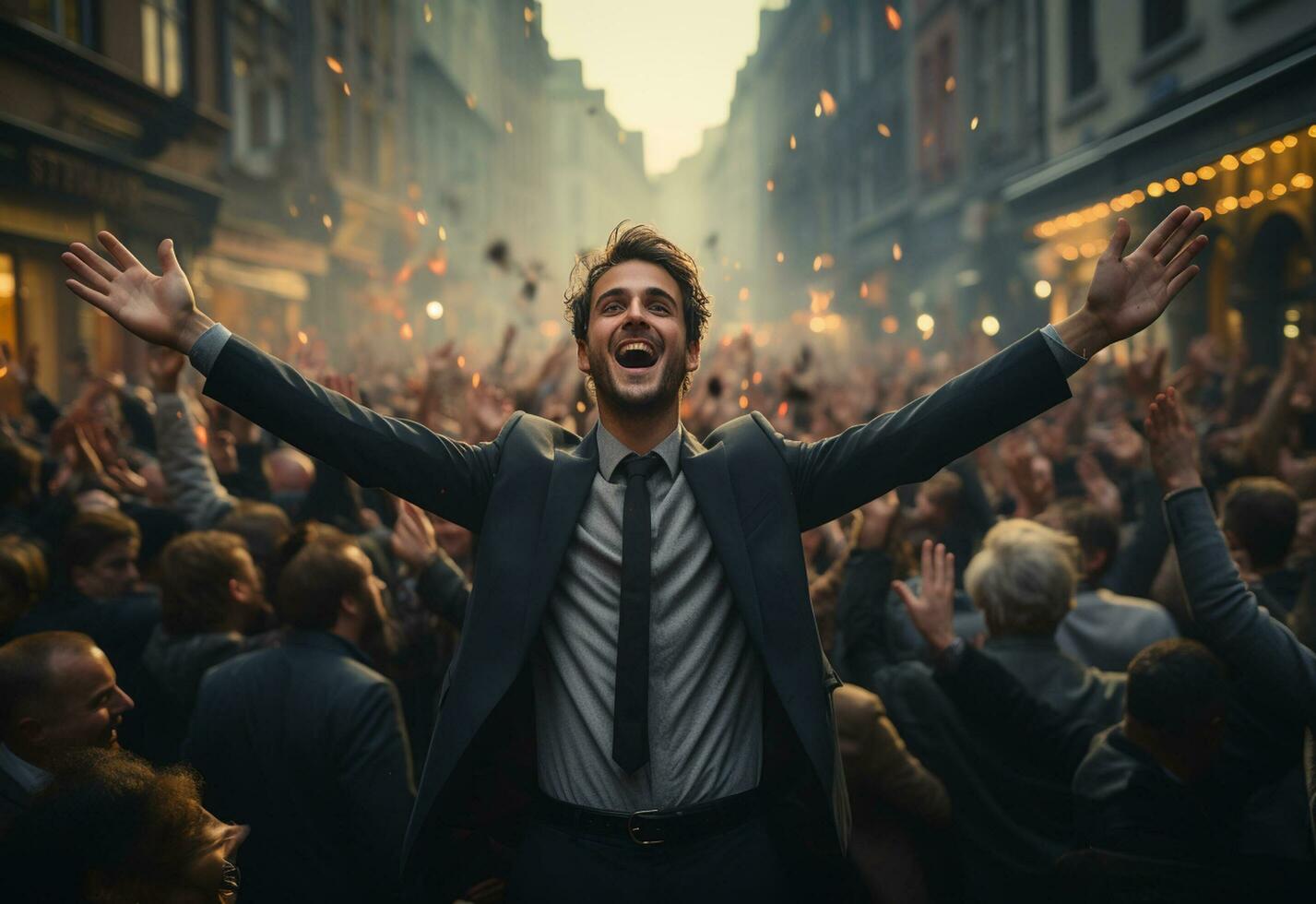 ai genetico uomo nel un' completo da uomo è festeggiare successo nel il strada foto