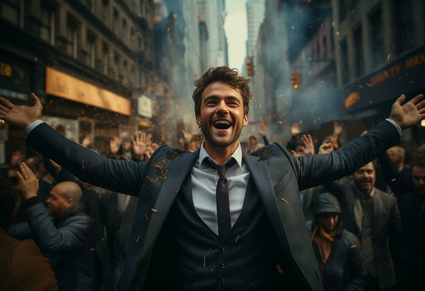 ai genetico uomo nel un' completo da uomo è festeggiare successo nel il strada foto