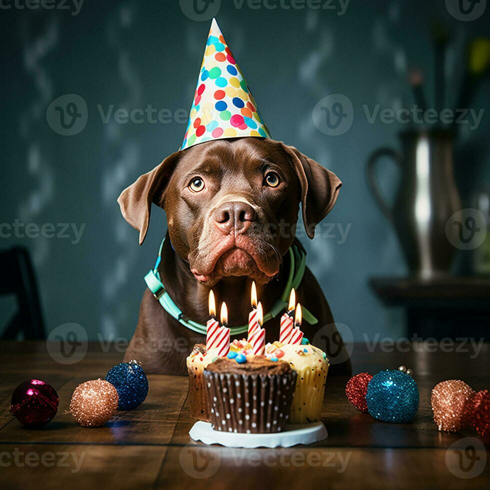 carino cane nel un' berretto e con un' compleanno torta. ai generato foto