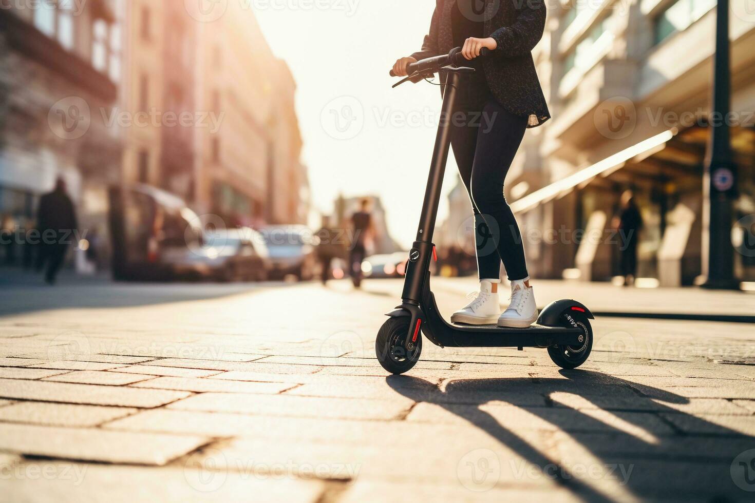 giovane donna equitazione elettrico scooter su città strada. vicino su Visualizza. eco trasporto concetto. ai generato. foto