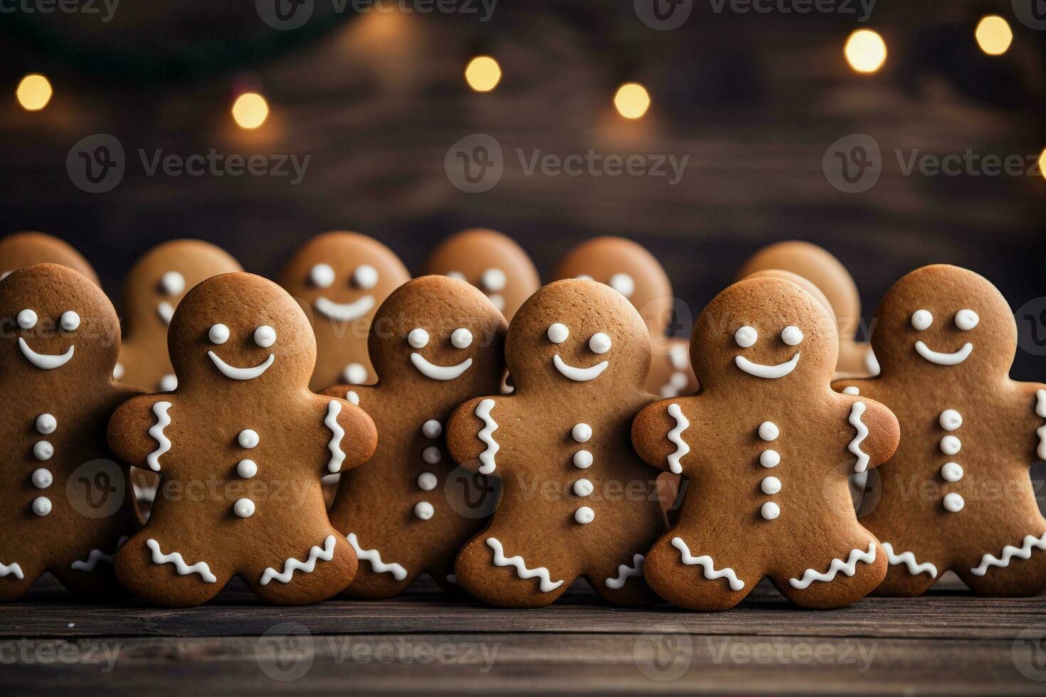 Pan di zenzero uomini fatti in casa biscotti in piedi su festivo sfondo. Natale pasticcini. ai generato. foto