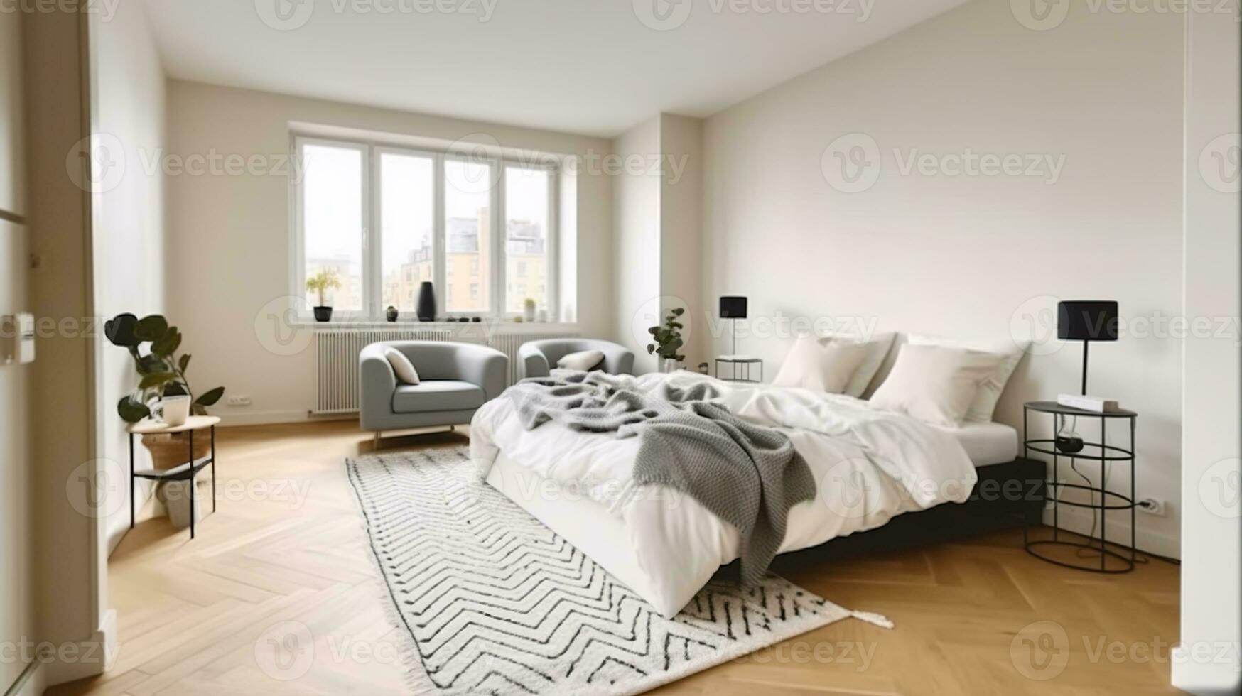 confortevole letto con cuscini e coperta posto su tappeto nel leggero Camera da letto con tavolo e finestre nel moderno appartamento, generativo ai foto