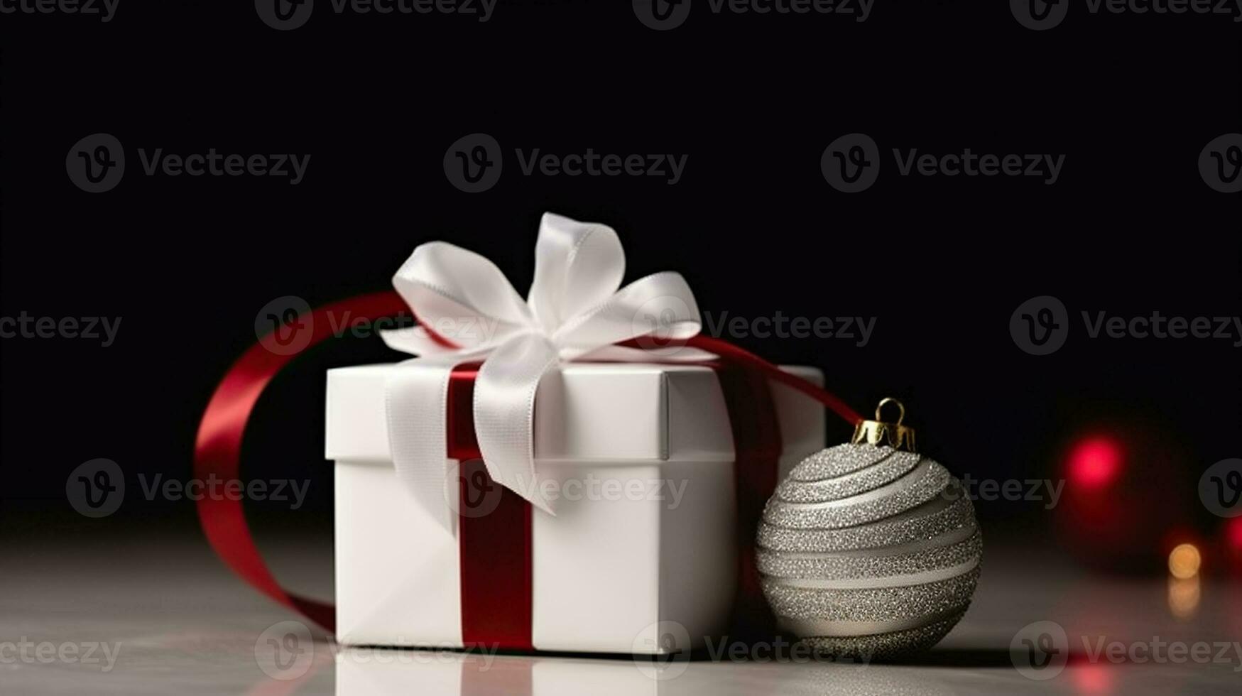 un' bianca Natale regalo scatola con rosso arco e bianca palla su buio sfondo, generativo ai foto
