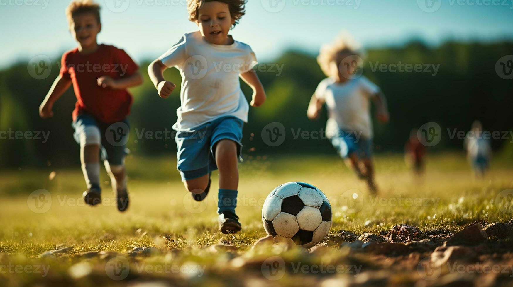 futuro stelle brillare luminosa, bambini' calcio incontro scintille gioioso concorrenza. generativo ai foto