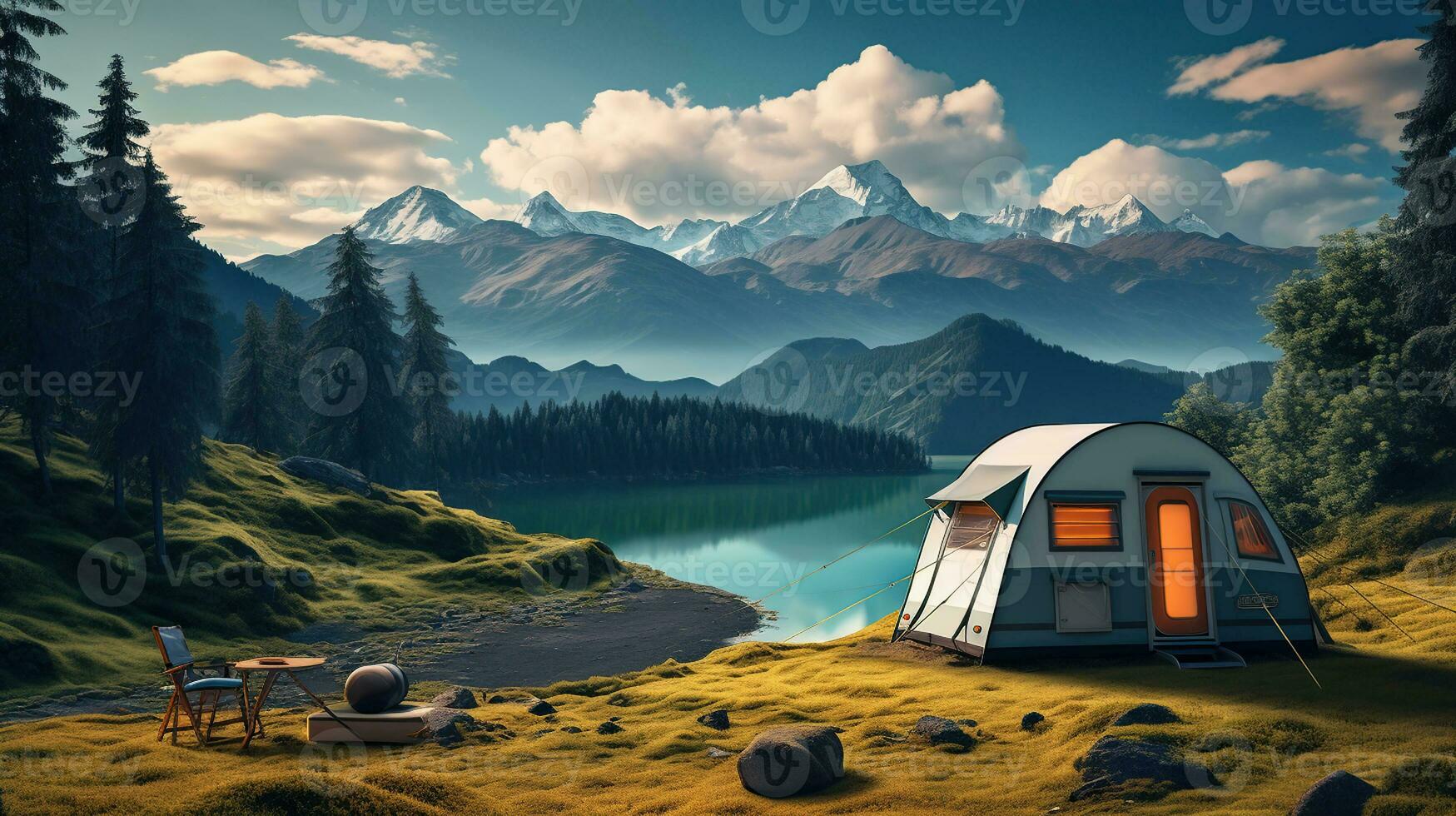 campeggio in mezzo dell'estate montagna paesaggio. generativo ai foto