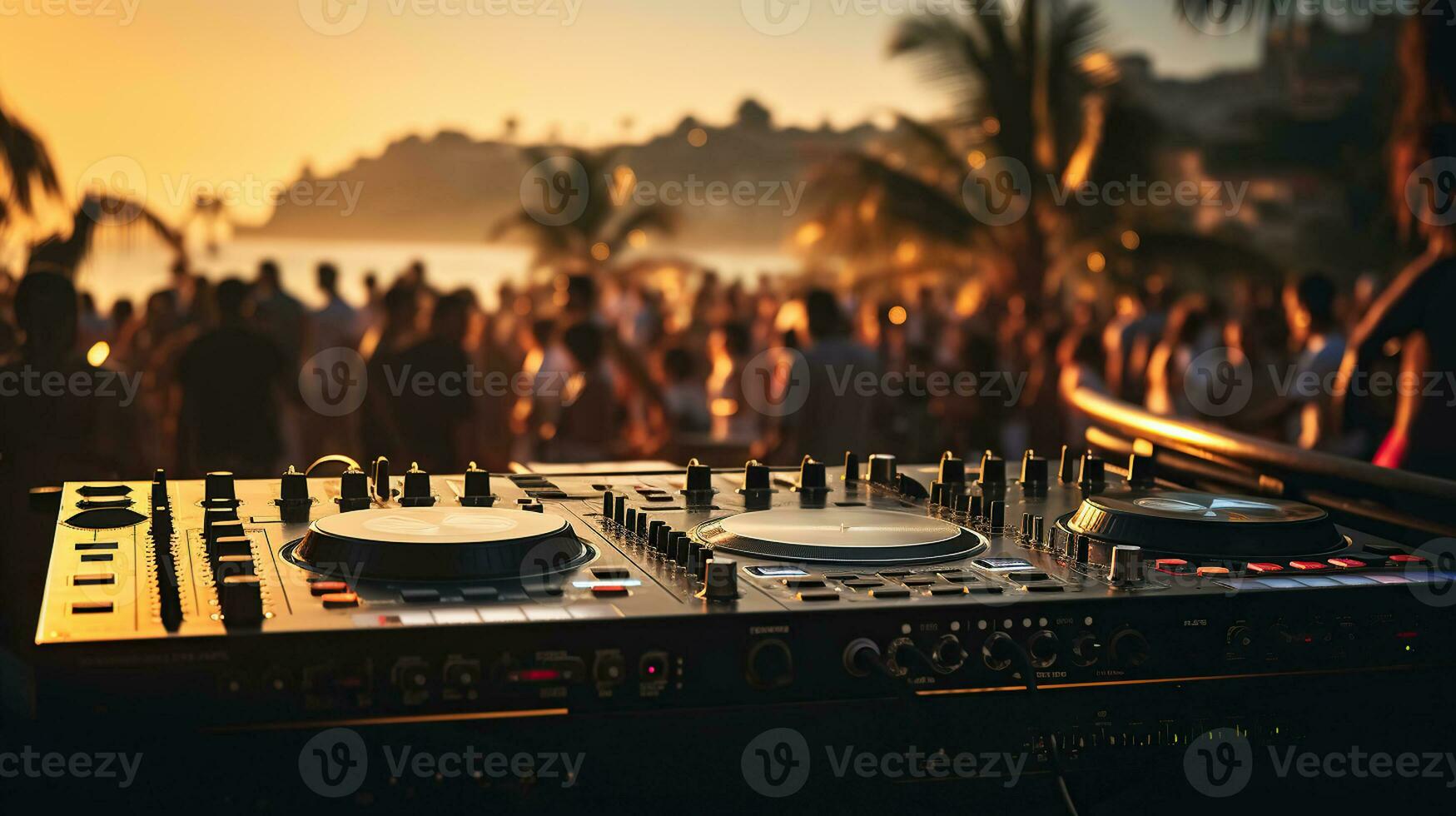 dj miscelazione all'aperto a spiaggia festa Festival con folla di persone nel sfondo. generativo ai foto