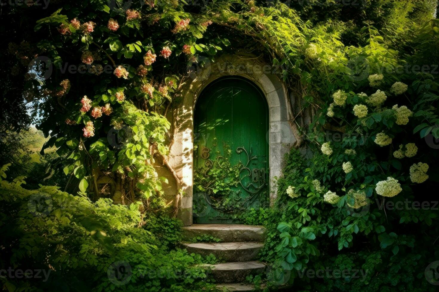 invitante porta verde giardino. creare ai foto