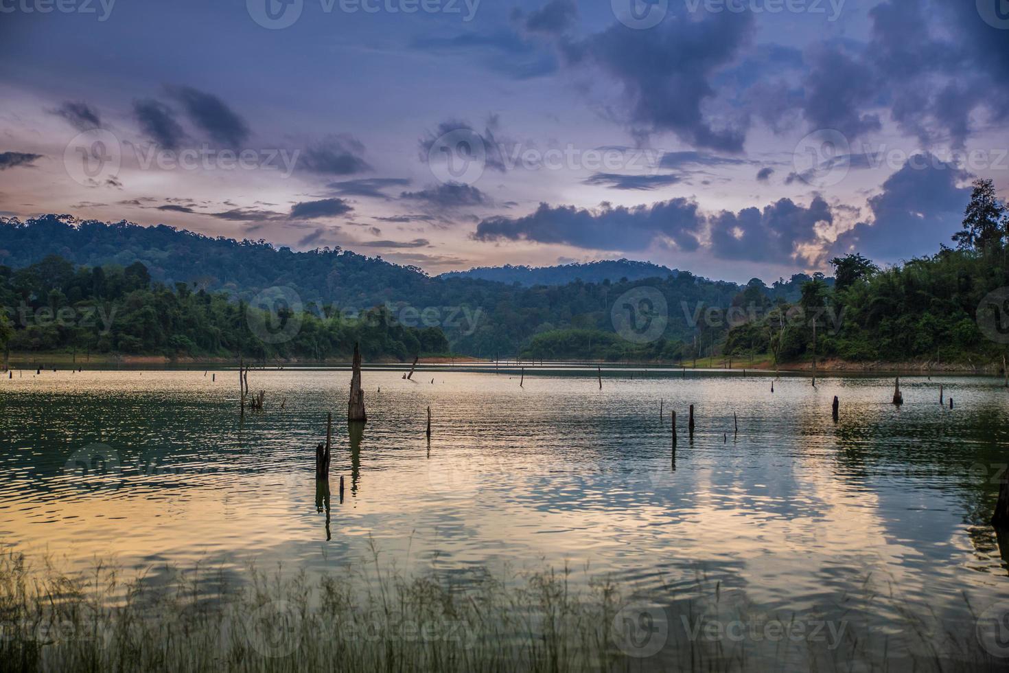 lago nella foresta durante una mattinata con tempo nuvoloso foto