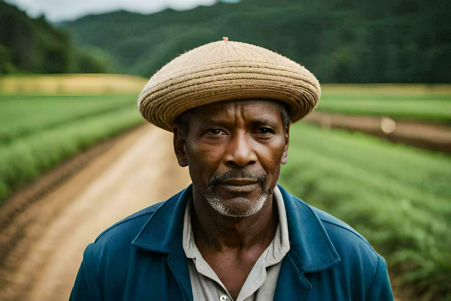 un africano uomo indossare un' cappello sta nel un' campo. ai-generato foto