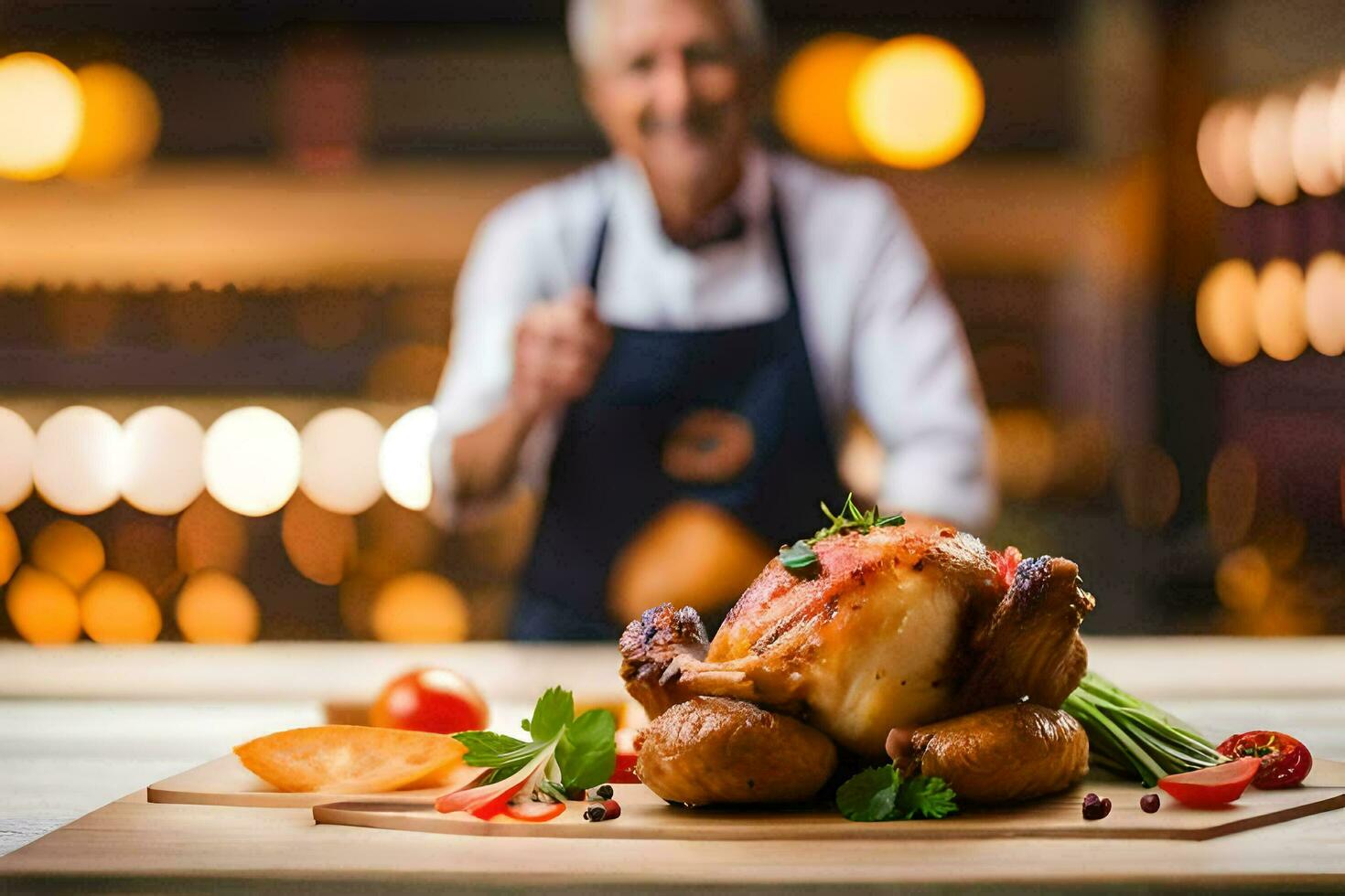 un' capocuoco preparazione un' arrostito pollo su un' taglio tavola. ai-generato foto