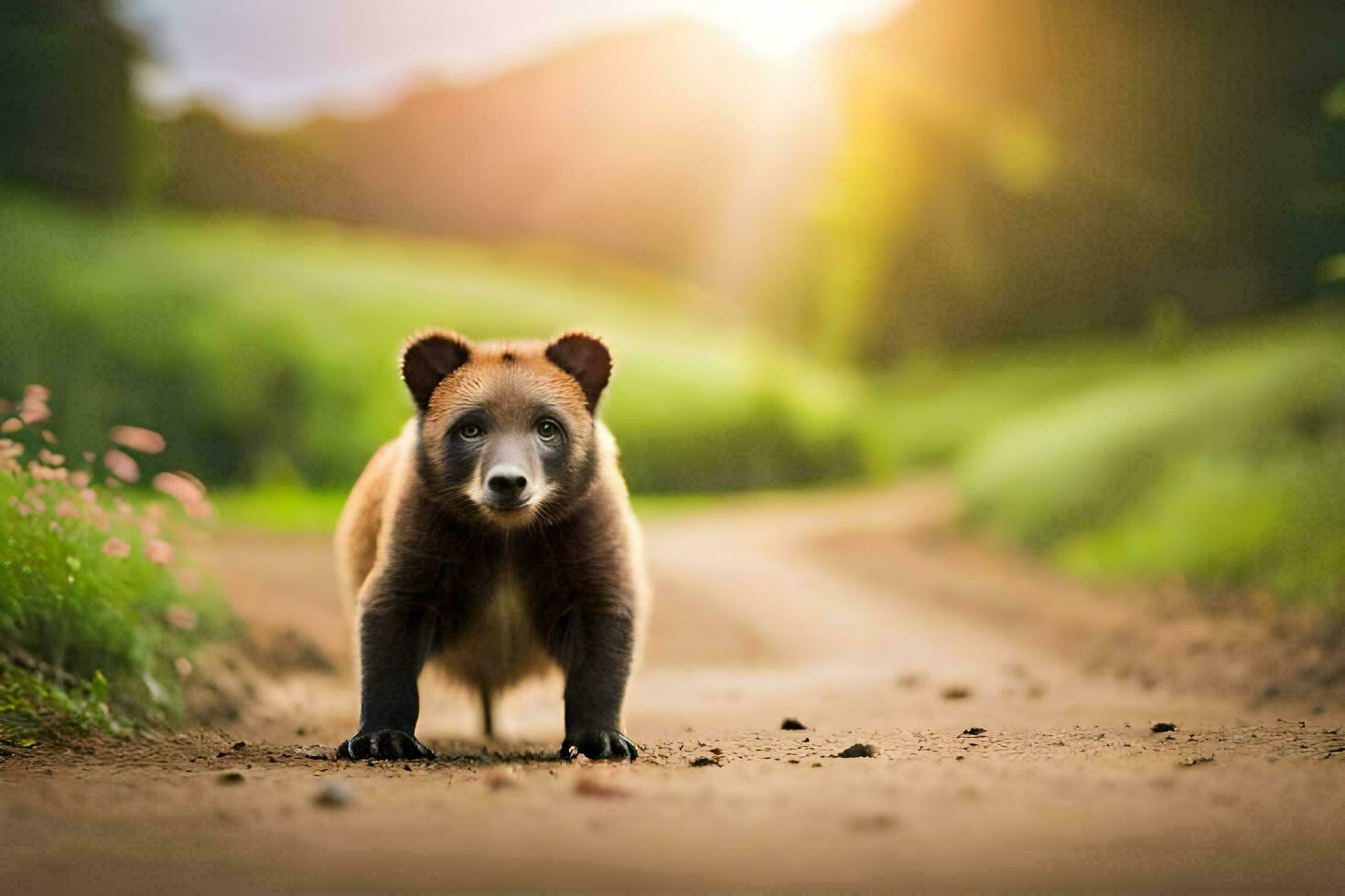 un' orso a piedi giù un' sporco strada nel il mezzo di un' campo. ai-generato foto