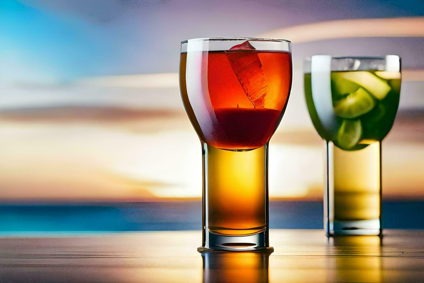 Due bicchieri di bevande con colorato bevande su un' tavolo. ai-generato foto