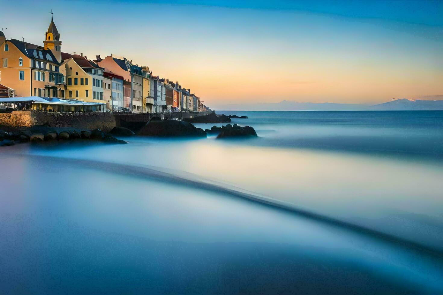 un' lungo esposizione fotografia di un' cittadina su il costa. ai-generato foto